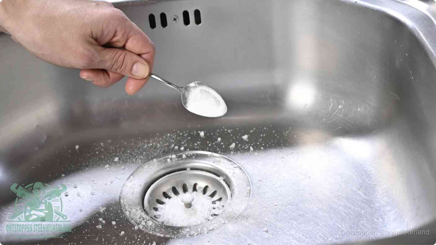 Een hand strooit met een lepel soda in de afvoer van een roestvrijstalen spoelbak, de soda en azijn huismiddel-methode om de afvoer te ontstoppen in Steenwijkerland