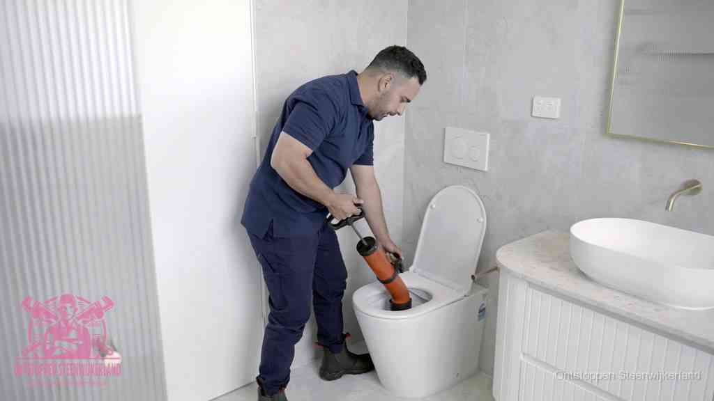 Een monteur buigt over een wandcloset en duwt met de hand een persluchtontstopper in de toiletpot om de verstopping handmatig los te maken in Steenwijkerland