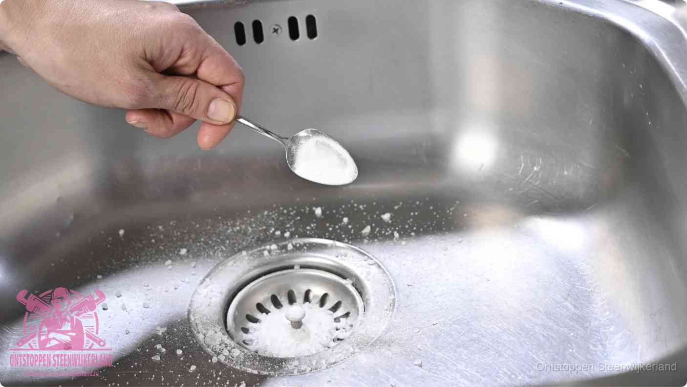 Een hand strooit met een lepel soda in een afvoerputje, de soda en azijn huismiddel-methode om de wc te ontstoppen in Steenwijkerland