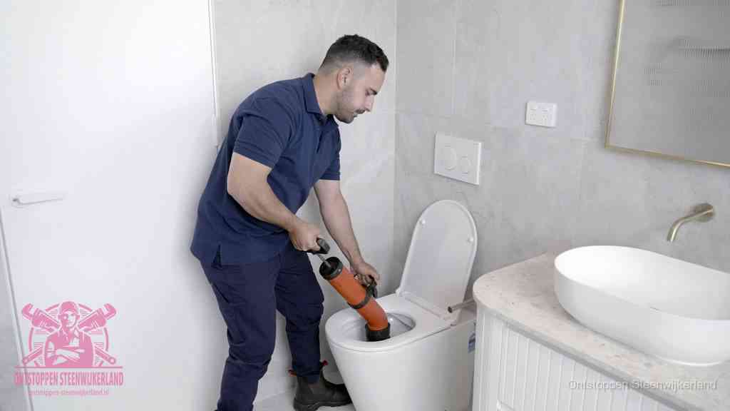 Een monteur gebruikt een handmatige perspomp (toiletontstopper) op een wandcloset tijdens het professioneel wc ontstoppen in Steenwijkerland