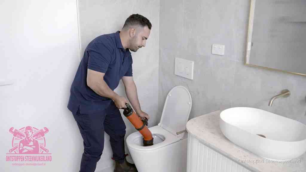 Een man gebruikt een handmatige luchtdruk-ontstopper in een modern betegeld toilet om zelf de wc te ontstoppen in Steenwijkerland